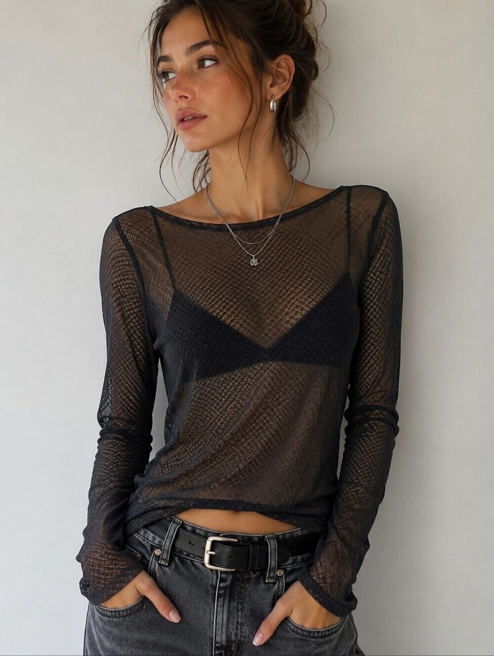 Valzère | Sheer Black Mesh Long Sleeve Top, Size M